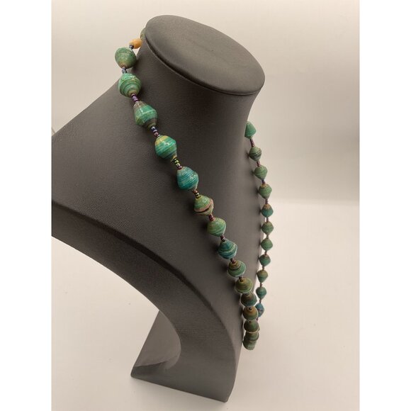 Handcrafted 25" Green Paper Bead Necklace With Wood Accent - Picture 2 of 4